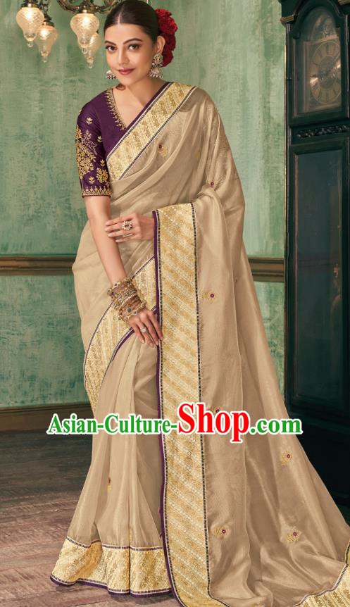 Asian India Bollywood National Dance Apricot Silk Saree Asia Indian Traditional Court Princess Blouse and Sari Dress Costumes for Women