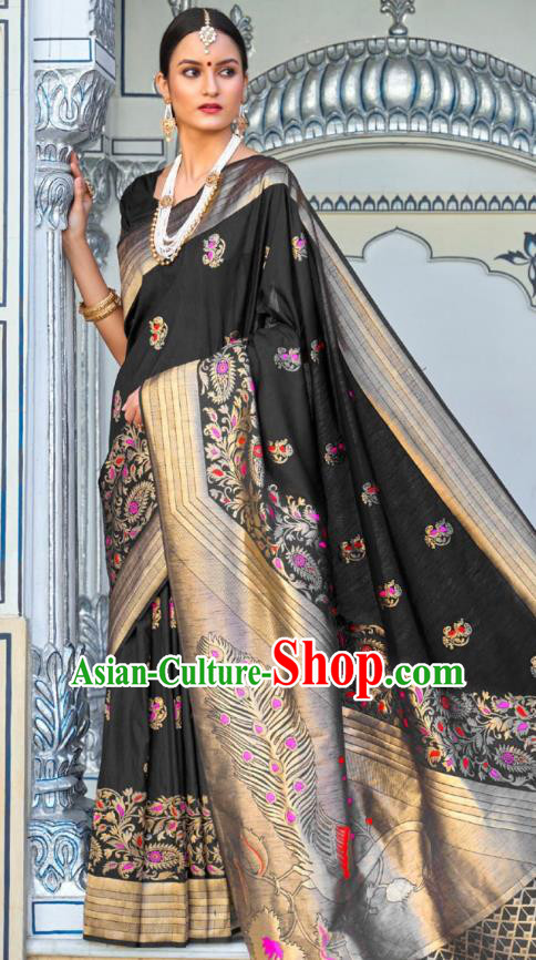 Asian India Festival Bollywood Black Silk Saree Asia Indian National Dance Costumes Traditional Court Princess Blouse and Sari Dress for Women