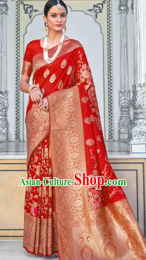 Asian India Festival Bollywood Red Silk Saree Asia Indian National Dance Costumes Traditional Court Princess Blouse and Sari Dress for Women