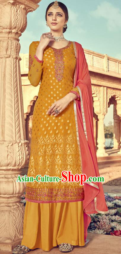 Asian India Traditional Suits Costumes Asia Indian National Folk Dance Orange Viscose Long Blouse and Loose Pants Shawl Complete Set