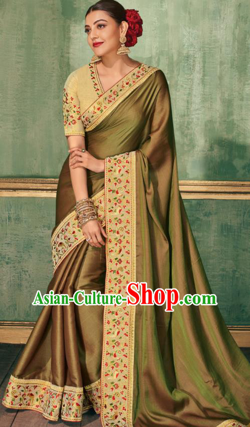 Asian India National Dance Khaki Silk Saree Asia Indian Traditional Costumes Court Princess Bollywood Blouse and Sari Dress for Women