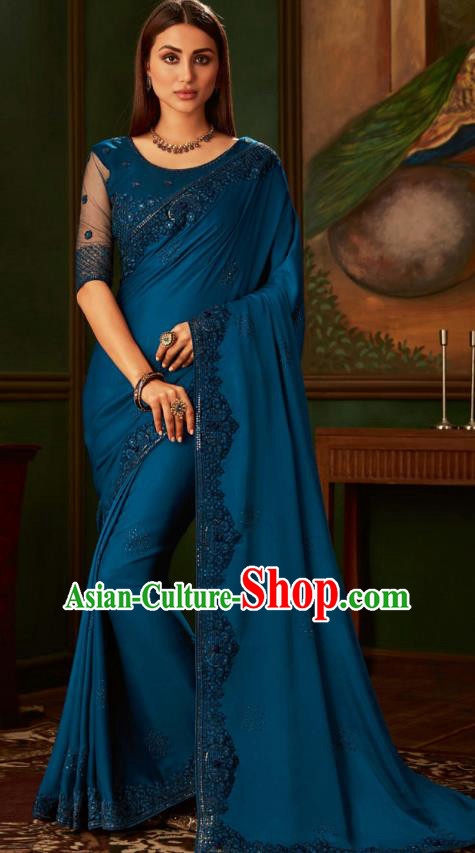 Asian India Bollywood Embroidered Deep Blue Crepe Saree Asia Indian National Festival Dance Costumes Traditional Court Woman Blouse and Sari Dress Full Set