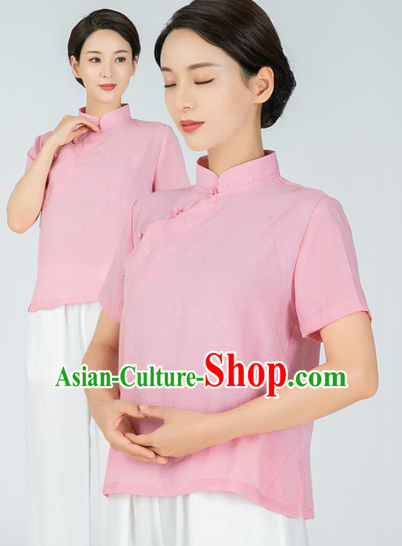 Professional Chinese Tang Suit Pink Flax Blouse Martial Arts Shaolin Gongfu Costumes Kung Fu Training Garment Tai Ji Upper Outer for Women