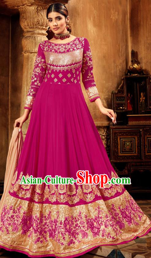 Asian India National Embroidered Rosy Anarkali Dress Asia Indian Festival Dance Costumes Traditional Female Clothing and Sari Full Set