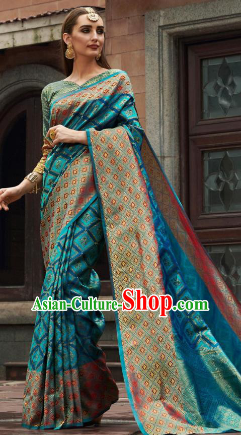 Asian India Court Blue Silk Saree Traditional Bollywood Dance Costumes Asia Indian National Festival Blouse and Sari Dress for Women
