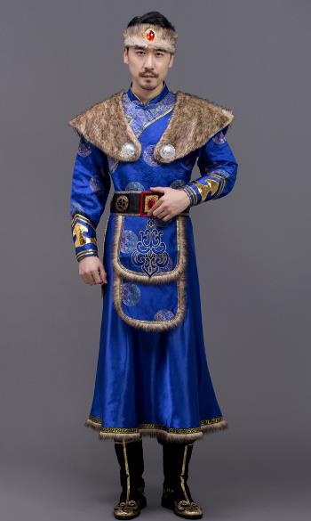 Chinese Mongolian Costumes Traditional Mongol Ethnic Minority Male Suit Folk Dance Blue Clothing