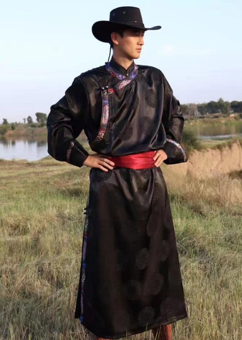Chinese Mongolian Minority Folk Dance Clothing Mongol Nationality Costume Traditional Black Mongolian Robe