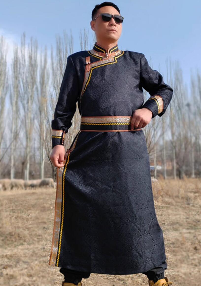 Chinese Traditional Black Mongolian Robe Mongolian Minority Folk Dance Clothing Mongol Nationality Costume